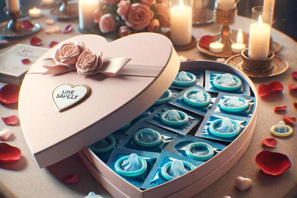 Sevgililer Günü için kalp şeklinde kutuda prezervatifler